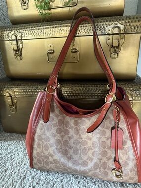 Coach Signature Canvas Shoulder Bag in Light Brown & Rust Red Trim